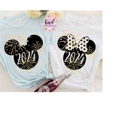 Disney Couples Mickey and Minnie Mouse Happy New Year 2024 T-Shirt, Disney Fireworks Party Matching Tee, Disneyland Vaca