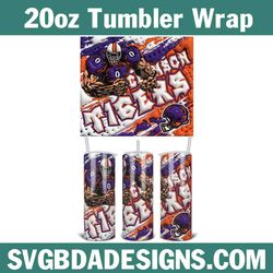 Clemson Tigers Football 3D Inflated Tumbler Wrap, 20oz NCAA 3D Tumbler, NCAA Football 3D Inflated, Clemson Tigers PNG