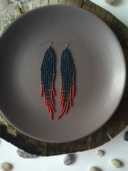 Navy blue beaded earrings with red ombre fringe - Dangle Boho bohemian hippie gypsy jewelry - Gift for her -handmade ear