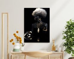 african woman canvas print, white haired african wall decor, woman canvas wall art with accessories, black gold canvas