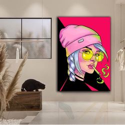 beautiful woman smoking cigarette in pink canvas painting , pop art girl canvas print , girl with glasses canvas wall ar