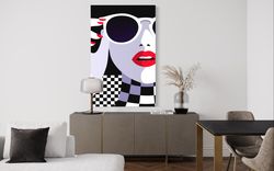 black and white woman with glasses canvas wall art , pop art woman canvas painting , modern home decor , ready to hang c