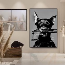 Black Dog And Gun Canvas Wall Art , Gun Canvas Painting , Dogs Canvas Print , Modern Home Decor , Ready To Hang Canvas P