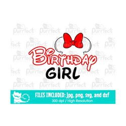 Mouse Birthday Girl SVG, Cute Birthday Bow Shirt SVG, Digital Cut Files in svg, dxf, png and jpg, Printable Clipart, Ins