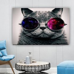 cat with glasses canvas wall art , space and glasses canvas painting , cat canvas prints , ready to hang canvas print ,