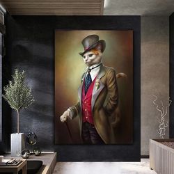 Cat With Hat Canvas Wall Decor , Cat In Suit Canvas Painting , Cat With Cane Canvas Print , Modern Home Decor , Ready To