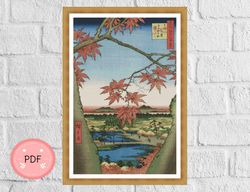 Cross Stitch Pattern ,Red Maple at Mama,Utagawa Hiroshige ,Pdf Instant Download,Mount Fuji,Japanese Art,Japan