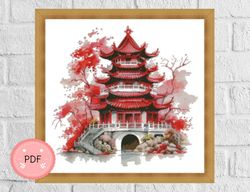 Cross Stitch Pattern , Red Temple,Japanese Temple , Pdf File,Instant Download,Asian Style,Cherry Blossom,Asian Landscape