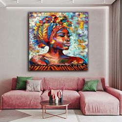 African Woman With Earrings Canvas Wall Art Woman With Feathers Canvas Painting , African Woman Canvas Print , Modern Ho