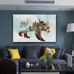 Bear Canvas Wall Art Walking In Snow , Tree Landscape Canvas Painting , Brown Bear Canvas Print,Modern Home Decor Ready