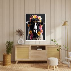 Black Goat Canvas Print, Goat With Flower Head, Goat With Glasses, Animal Decoration, Goat With Pink Yellow Flowers, Rea