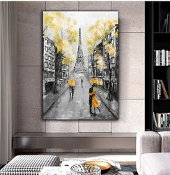 Eiffel Tower Canvas Wall Art , Couple Canvas Painting With Yellow Umbrella , Landscape Canvas, Home Decor , Ready To Han