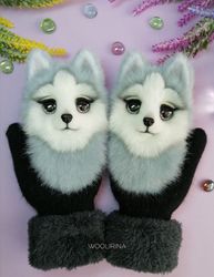 Gloves Husky Face Dog, Mittens with Puppy Malamute, Animal Cartoon Accessory, Ooak toy, Honey Christmas Mitten Present