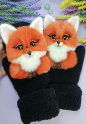 Mittens Flame Fox Furry, Gloves Plushy Animals Personalized, Mitten Fantasy Plush Foxes, Designer Accessory Fur Glove,