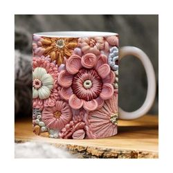 3d crochet flowers mug sublimation design, digital download png, 3d crochet floral, 3d boho flowers 11oz and 15 oz mugs