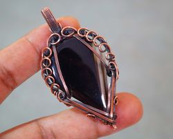 Black Agate Pendant Wire Wrapped Pendants Agate Gemstone Jewellery Handmade Copper Wire Wrapped Jewellery Gifts for her
