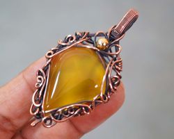 Yellow Onyx Pendant Copper Wire Wrapped Handmade Jewellery Women's Fashion Jewellery Gifts Items
