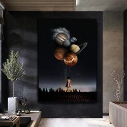 Boy Holding Planets Canvas Wall Art , Planets Canvas Painting , Universe Canvas Print, Surreal Canvas Painting, Surreali