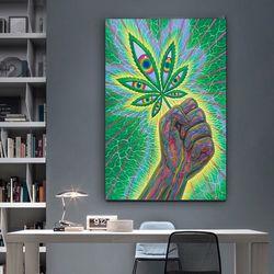 Cannabis Leaf Canvas Wall Art , Hand Canvas Painting , Surreal Eyes Canvas Print , Surreal Painting Canvas Wall Decor ,