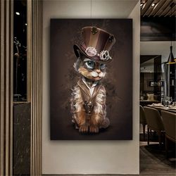Cat In Hat Canvas Wall Art , Sweet Cat Canvas Painting , Cat Canvas Prints , Ready To Hang Canvas Print , Modern Home De