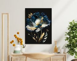 Flower Canvas Print, Modern Wall Decor Colorful Flower Art, Blue Gold Canvas Wall Art, Ready To Hang Canvas