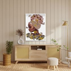Flower Woman Canvas Print, African Woman Wall Decor, Butterfly Wall Art, Daisy Canvas Wall Decor