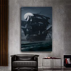 Full Moon And Sailing Ship Canvas Wall Art , Ship Canvas Prints , Pirate Ship Canvas Painting , Ready To Hang Canvas Pri