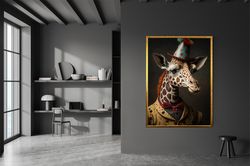 giraffe canvas print, giraffe in clothes, giraffe in hat, giraffe with bow tie, giraffe portrait, haifan canvas wall art