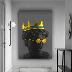 king crown statue canvas wall art , statue with golden glasses canvas print , graffiti canvas painting , ready to hang c
