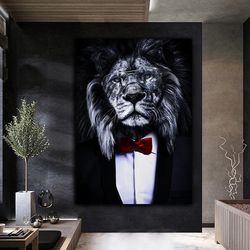 lion with glasses canvas wall art , lion in suit canvas print , lion with red bow tie canvas painting , modern home deco