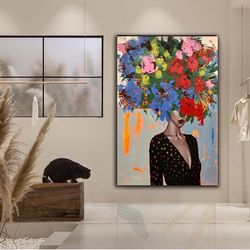 Colorful Flower Head Woman Canvas Wall Art , Flower Head Woman Canvas Painting , Ethnic Woman Canvas Print , Ready To Ha