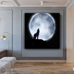 full moon canvas wall art , howling wolf canvas painting , full moon and wolf canvas wall decor , full moon art , ready