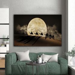 Full Moon Sunset Canvas Wall Art Camels Canvas Print , People Walking In Desert Canvas Print , Ready To Hang Canvas Prin