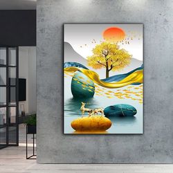 gold tree canvas wall art gold deers canvas painting , gold fishes canvas print , modern home decor , ready to hang canv