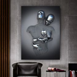 love couples with silver heart canvas print , hugging couple canvas painting , chain and 3d look canvas wall art, modern