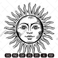 SUN FACE SVG,Sun printable, Sun vector, Sun silhouette, Svg cut files and silhouette, Paper cut template, instant downlo