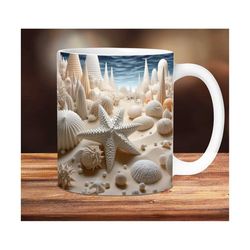 3D Seashells Beach Mug, 3D Summer Beach Mug, 3D White Starfish Mug Design, Floral Mug PNG, 3D Mug, 11oz,15oz Mug Sublima