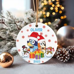 Custom Christmas Bluey Bingo Ornament, Bluey Bingo Family Ceramic Christmas Ornament, Bluey Family Christmas Decorations