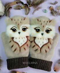 Custom Owl Bird Mittens, Designer Mitten Animals, Fluffy Felt Winter Gloves, Birds Felt Mittens, Snowbirds Gifts,
