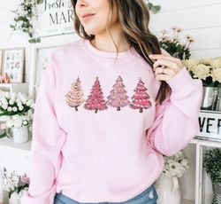 Christmas Sweatshirt, Pink Christmas Tree Womens Christmas Sweater, Christmas Crewneck Holiday Sweaters Winter Matching