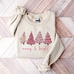 Merry & Bright Pink Christmas Trees Sweatshirt, Cute Christmas Sweatshirt, Women's Holiday Sweater, Winter Sweatshirt, C