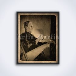 Frankenstein smoking and drinking coffee Boris Karloff classic monster printable art print poster Digital Download