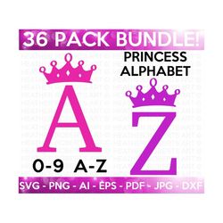 Princess Alphabet and Numbers SVG, Princess Monogram Alphabet, Princess Letters SVG, Crown SVG, Cricut Cut File, 36 Individual Cut Files