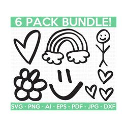 Doodle SVG Mini Bundle, Heart SVG, Rainbow Svg, Stick Figure svg, Flowers svg, Hand-drawn Heart svg, Cut Files Cricut, Silhouette