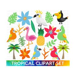 Tropical Birds Summer Clipart Set, Tropical Birds PNG, Coconut Tree png, Flamingo PNG, Pineapple Clipart, Tropical Leaves, Sublimation PNG