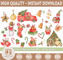 Christmas Clipart, Christmas PNG graphics, gifts stocking candy cane ornaments sweets misletoe Christmas lights hot coco