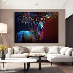 Blue Deer Canvas Painting With Colored Lights, Deer Portrait Canvas Wall Art, Wildlife Wall Art, Farmhouse Decor, Animal