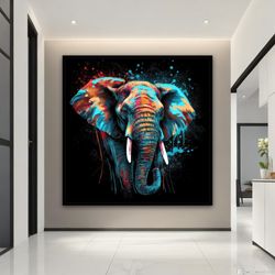 colorful elephant canvas painting, elephant wall art, elephant poster, background black elephant canvas print, animal of