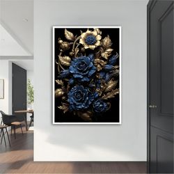 Gold Blue Flower Canvas Art, Flower Wall Art,Wall Art, Canvas Art, Framed Canvas Art, Modern Flower Wall Art, Flower Can