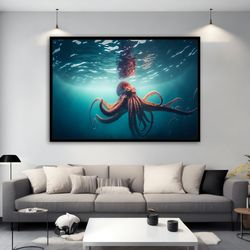 octopus in the sea canvas painting, octopus canvas print, sea life art, oceanic elegance art, animal canvas poster wall